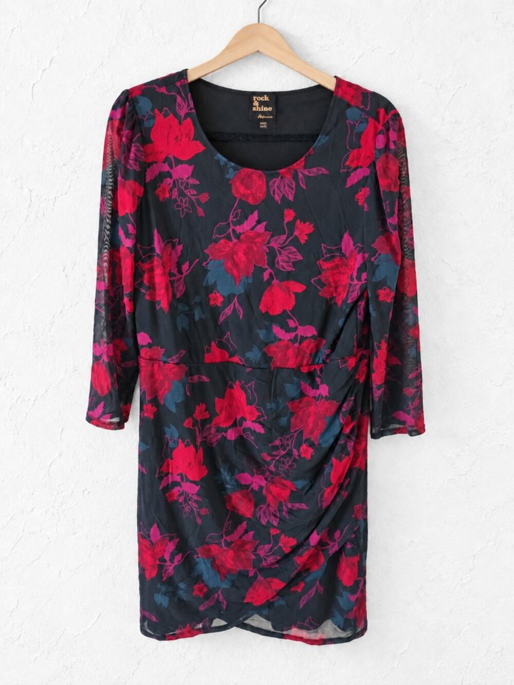 Reitmans Rock & Shine XL Floral Ruched Dress Semi-Sheer Sleeves